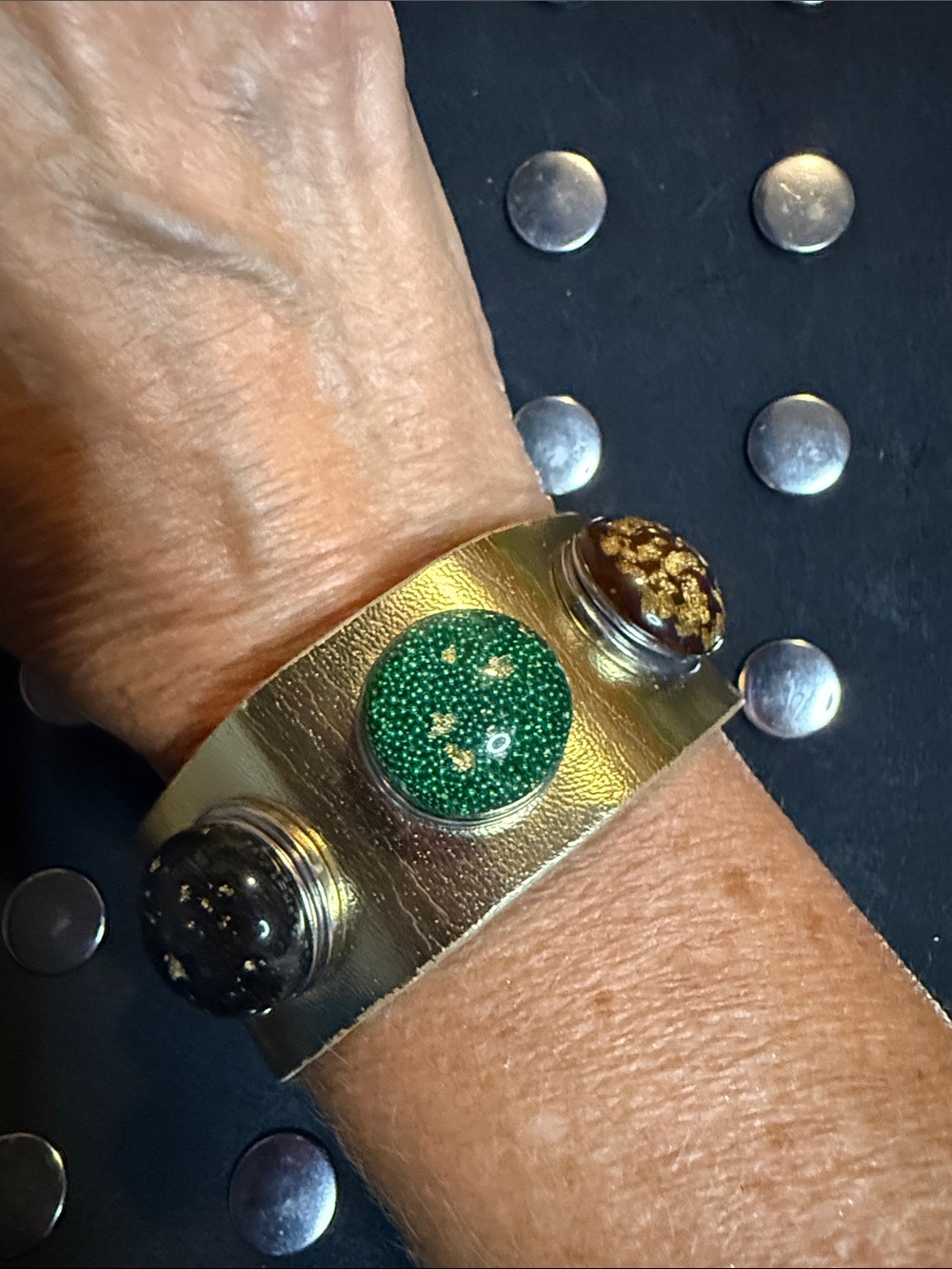 Snap Gold-Tone Cuff Bracelet with Green, Black, and Brown Accents